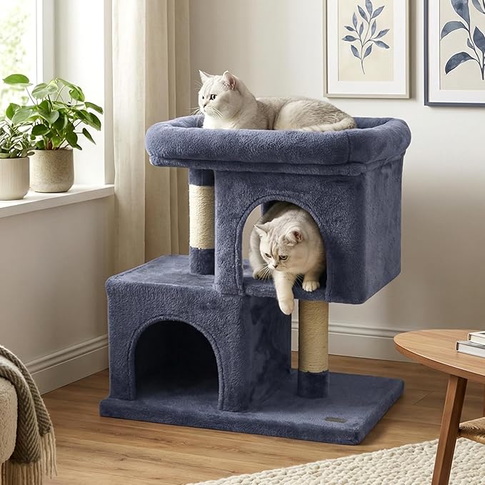 PETSITE 25.5-inch Small Cat Tree, Modern Multi-Level Cat Tower with 2 Comfy Condos, Sisal Scratching Posts, Large Plush Top Perch, and Anti-Tipping Kits, Ideal for Indoor Cats and Kittens (Dark Grey)