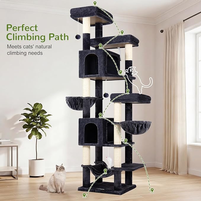 Globlazer 82 Inch Cat Tree for Large Cats, Multi-Level Tall Cat Tower for 4+ Cats with 2 Condos & 3 Perches, Stable No-Wobble Large Base, Space-Saving Corner Furniture, F82B, Dark Gray