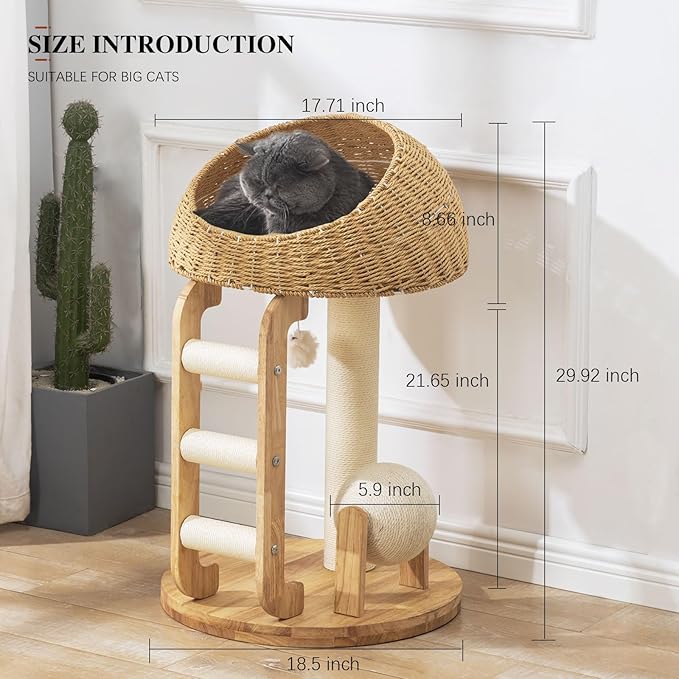 Modern Design Cat Tree Tower, Hand Woven Comfortable Cat Nests with Natural Sisal Staircase and Scratch Toys, This Apartment is Suitable for Large Breed Indoor Multiple Play with