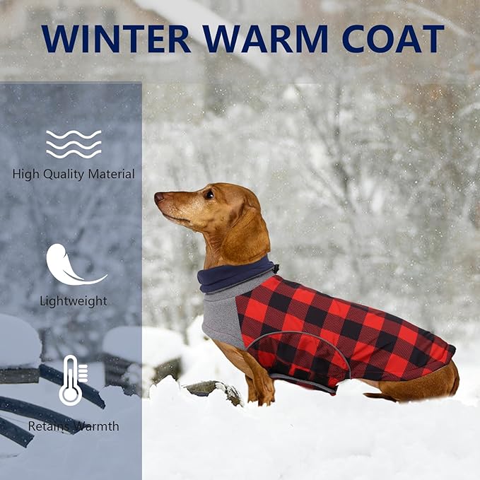 Dog Winter Coat,Dachshund Clothes,Waterproof Miniature Dachshund Jacket,Small Dogs Coat with Harness Hole,Dachshund Jumper with Turtle Neck,Pet Dog Clothes British Style-Red Plaid-L