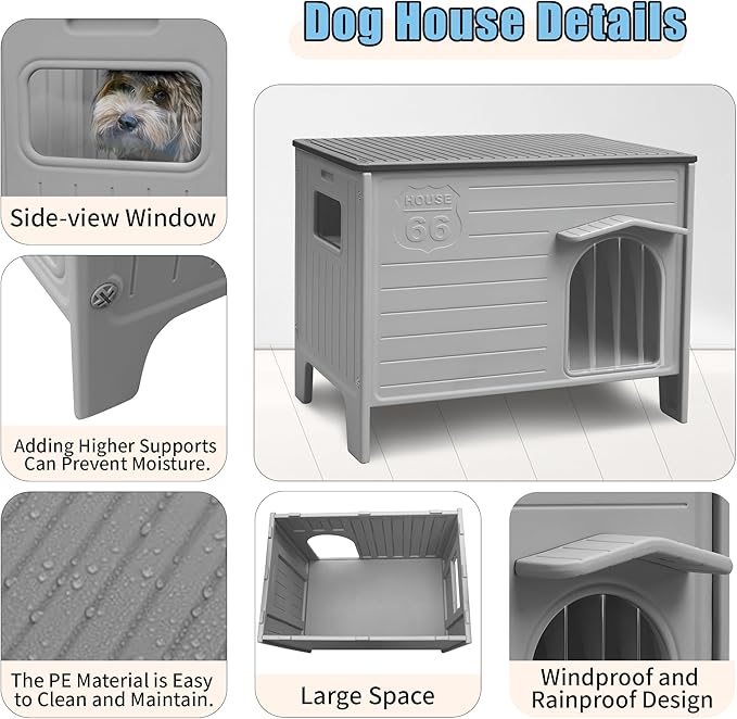 Durable Waterproof Plastic Dog House for Outdoor Indoor,Outside Dog House with Side Window Elevated Floor, Easy to Assemble Easy to Clean