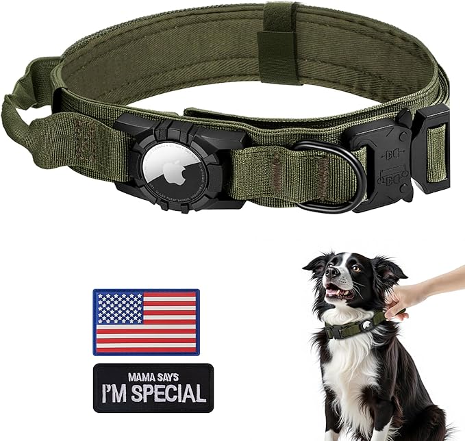 Tactical AirTag Dog Collar - Heavy Duty, Adjustable GPS Collar Compatible with Apple AirTag, with Holder & Control Handle for Medium/Large Dogs [ Green, L ]