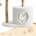 Wood Cat Tree Tower, Natural Wood & Rattan Scratching Posts, 59-Inch Cat Furniture with Condo & Woven Basket, Multi-Level Climbing Tree for Large Adult Cats
