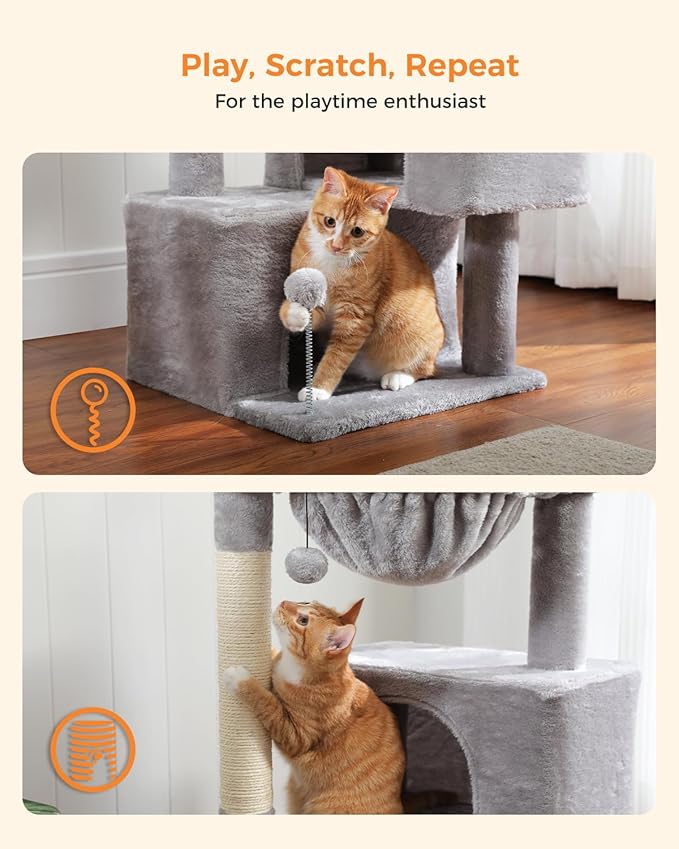 45-Inch Small Cat Tree with 2 Condos for Indoor Cats,Cat Tower with Scratching Posts for Small Cats,Grey Cat Tree Tower with Hammock and Cat Toys