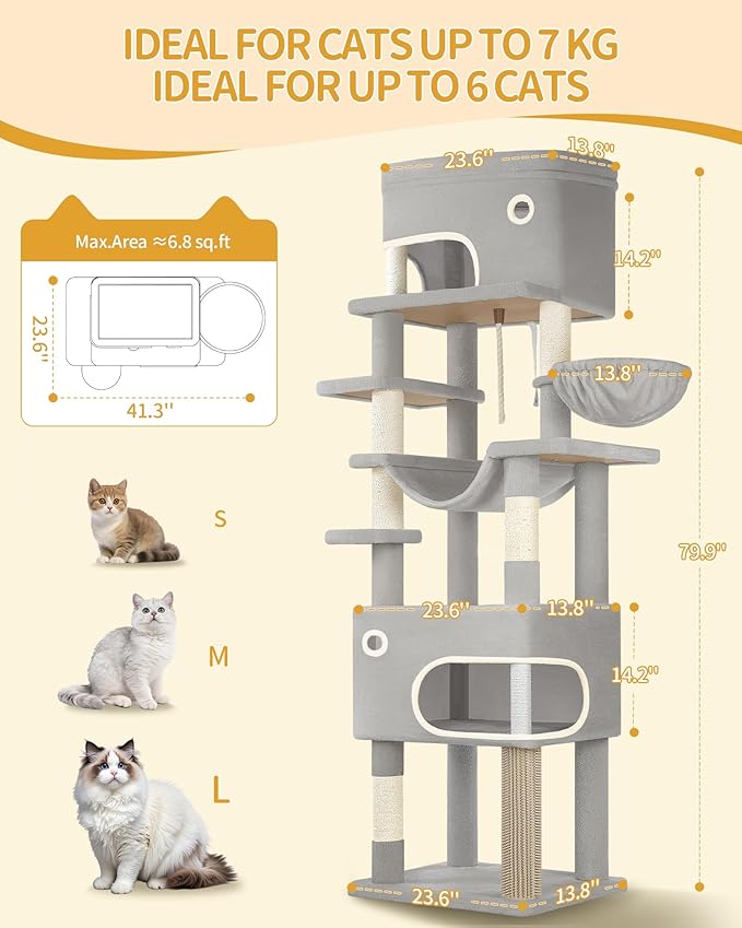 79.9 inch Cat Tree for Indoor Cats, Multi-Layer Scratching Post with Large Platform, 2 Caves, 7 Sisal Posts, Pompoms, Cat Basket, Hammock, Suitable for Cats, Light Grey MS20318LG