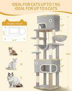 79.9 inch Cat Tree for Indoor Cats, Multi-Layer Scratching Post with Large Platform, 2 Caves, 7 Sisal Posts, Pompoms, Cat Basket, Hammock, Suitable for Cats, Light Grey MS20318LG