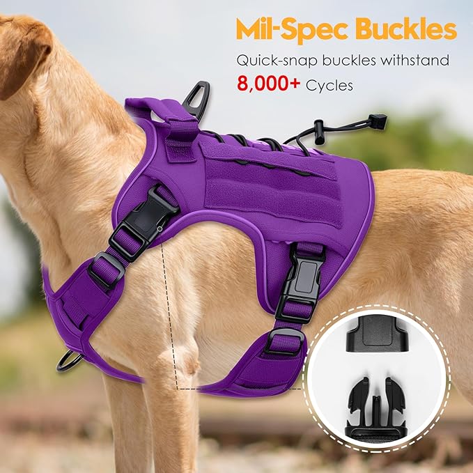 Heavy-Duty Tactical Dog Harness for Large Dogs, No Pull Adjustable Reflective Pet Vest with Molle System, K9 Military-Grade Control for Service Training, Outdoor & 10+ Breeds, Purple, Large