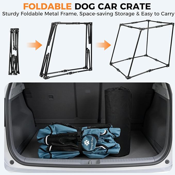Snagle Paw Portable Dog Crate for Car Travel,Metal Frame Pet Crate,Pet Carrier for Car Back Seat Secures with Headrest Strap and Seatbelt,L