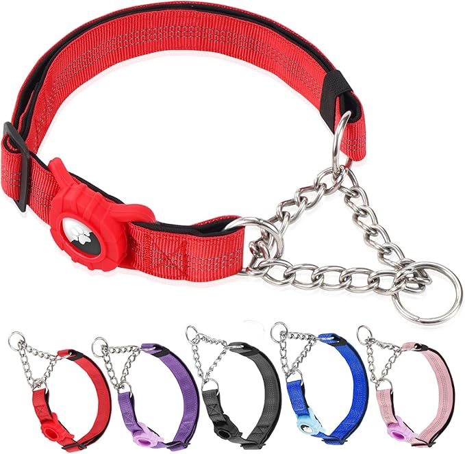 Cymiler Martingale Dog Collar with AirTag Holder, Reflective Nylon Training Collar, Stainless Steel Chain, Heavy Duty Buckle, Limited Slip Collars for Small Medium Large Dogs (Red, Medium)