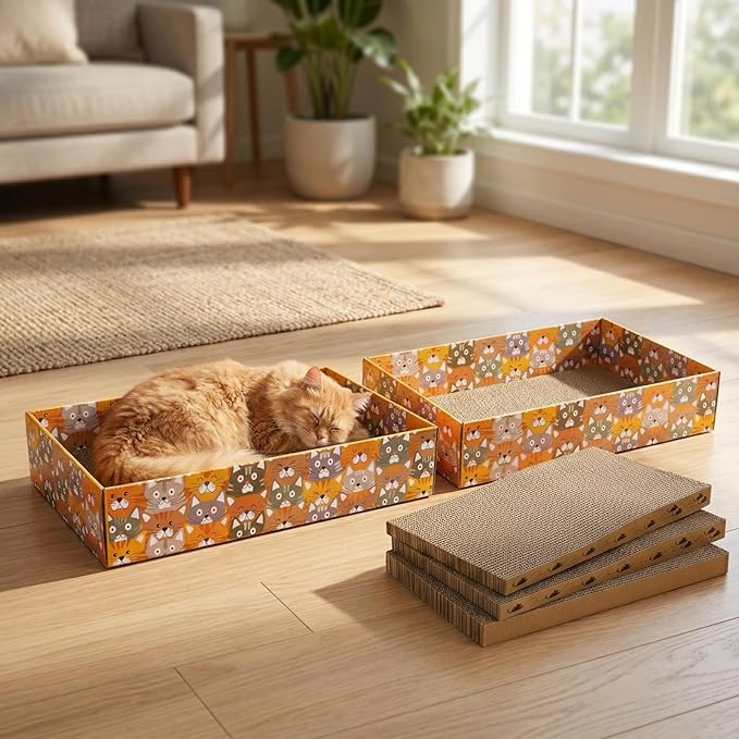 Set of 2 Cat Scratching Boxes, 17x10 in 6 Pcs Corrugated Cardboard Pad with 2 Boxes, Large Cute Reversible Kitty Sofa Bed, Refillable Wave Shaped Lounge, Interactive Kitten Toy for Indoor Cat