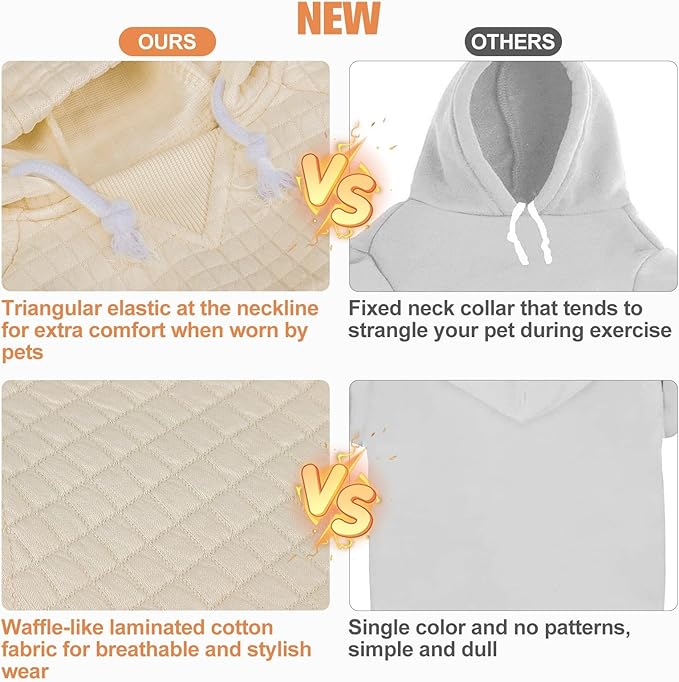 BEAUTYZOO Small Dog Hoodie Sweater with Pockets, Dog Clothes for Small Medium Dogs Boy Girl, Waffle-Like Laminated Cotton Pet Coats with Hat and Leash Hole, Cream L