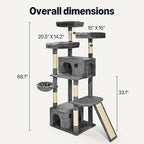 Amazon Basics Large Cat Tree Tower, Multi-Level Activity Center with 2 Large Condos, Multiple Sisal Scratching Posts and Hanging Pompoms, Gray, 68 Inches