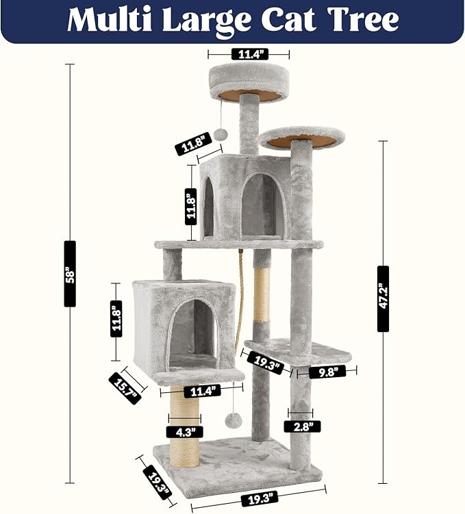 58" Cat Tree Large Cat Tower Condo w/Multi-Level Scratching Post for All Indoor Cats (Light Grey)
