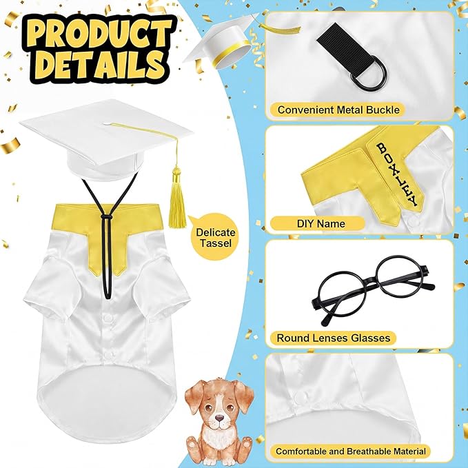 5 Pcs Dog Graduation Costume Set Include 2026 Pet Graduation Gown with Stole Puppy Grad Cap Lensless Glasses DIY Letter Stickers for Dogs Cats Holiday Costume Accessory(White Gold,M)