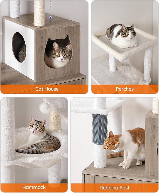 HOOBRO Cat Tree with Litter Box Enclosure, Tall Cat Tower for Indoor Cats, All-in-One Modern Cat Condo, Hidden Litter Box Enclosure Furniture, with Cat House, Sisal Posts, Greige and White BG51MZ03