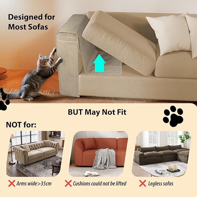 Couch Protector from Cat Claws - Color Matched Cat Scratch Pad for Both Side Arm,Couch Cover for Cats with Expanded Coverage Sisal Area, Universal Fit and No Left/Right Needed (Beige)