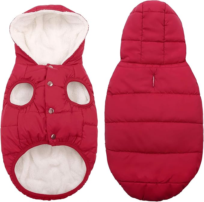 Fleece Hoodie, Windproof Waterproof Coat, Winter Warm Jacket for Dogs - Cold Weather Pet Apparel Clothes Vest for Small Medium Large (2XL, Red)