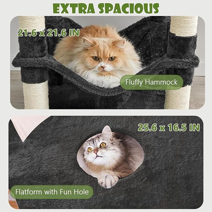 Tall Cat Tree 78.8in, Patent Fabric Multilevel Cat Tower for Adult Cats, Climbing Tree House and Towers with Condo Hammock Scratching Post Large Platform Wide Base