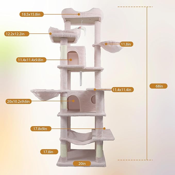 Pink 68 Inches Multi-Level Large Cat Tree, Cat Tree Tower for Indoor Cats Large Adult with Condo/Cozy Plush ‌Pussycat Perches/Sisal Scratching Posts for Cats to Play and Sleep