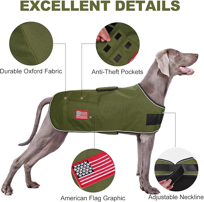 BEAUTYZOO Dog Winter Coat for X-Large Dogs Waterproof, Warm Reflective Great Dane Oxford Canvas Jacket, Fleece Dog Cold Weather Coats Windproof for Female Male Dogs, Green XL