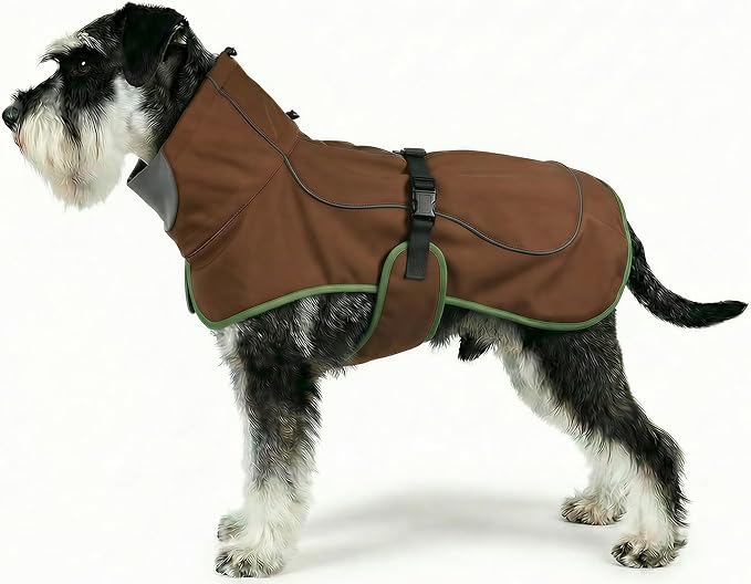 Softshell Dog Winter Vest, Fleece Lined Water-Repellent Jacket with Fur-Safe Buckle (No Hook & Loop) for Hiking, Adjustable Reflective Winter Coat for Active Dogs (Brown, Medium)