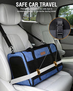 PETUX Large Pet Carrier for Large Cats ＆ Small Dogs - Up to 20Lb, Top and Side Entry, 4 Side Breathable, Foldable Soft Cat Travel Carrier with Safety Car Seat Buckle and Anti-Scratch Mesh - Blue