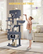 70.1 Inch Cat Tree for Indoor Cats, Multi-Layer Scratching Post with Large Platform, 2 Caves, 7 Sisal Posts, Pompoms, Cat Basket, Hammock, Suitable for Cats, Dark Grey MS17818SG