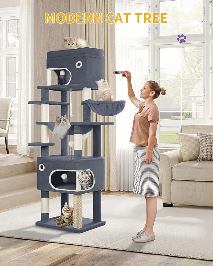 70.1 Inch Cat Tree for Indoor Cats, Multi-Layer Scratching Post with Large Platform, 2 Caves, 7 Sisal Posts, Pompoms, Cat Basket, Hammock, Suitable for Cats, Dark Grey MS17818SG