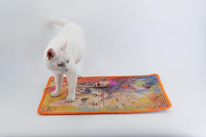 Sisal Cat Scratcher Mat [+ Sisal Mouse Toy] – Wall & Couch Protector, Carpet & Floor Scratching Pad, Durable Non-Toxic & Shedding-Resistant (Watercolor Cat)
