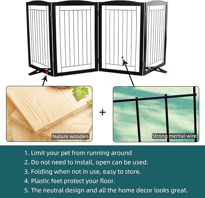 Dog Fence Indoor,Dog Gate Indoor for Doorway pet gate -4-Panel Freestanding, Hallways, House or Stairs -80x32-Inch Retractable Foldable Expandable Wood Pet by SFJC (Black) ﻿