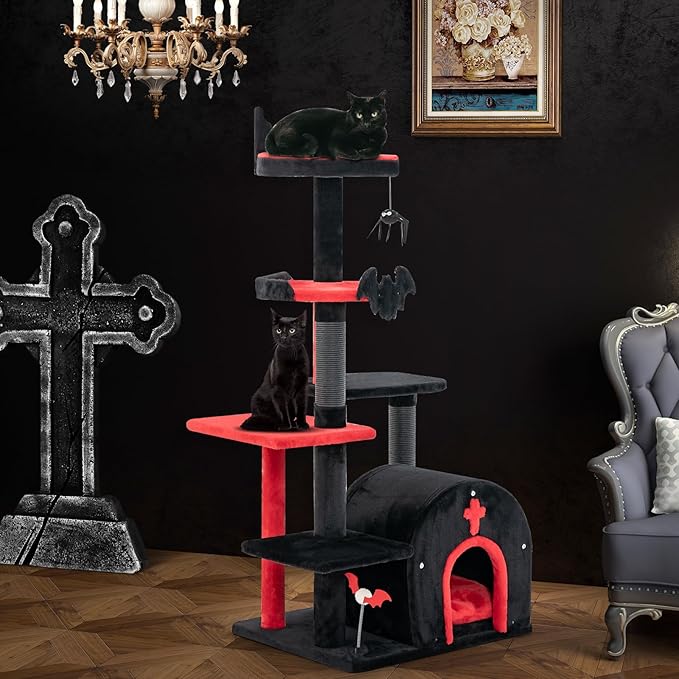 PETSITE Gothic Cat Tree, 53 Inch Multi-Level Cat Tower with Scratching Posts, Cat Bed, Arch-Shaped Condo, Pompom and Spring Balls, Goth Cat Tree for Indoor Cats Large