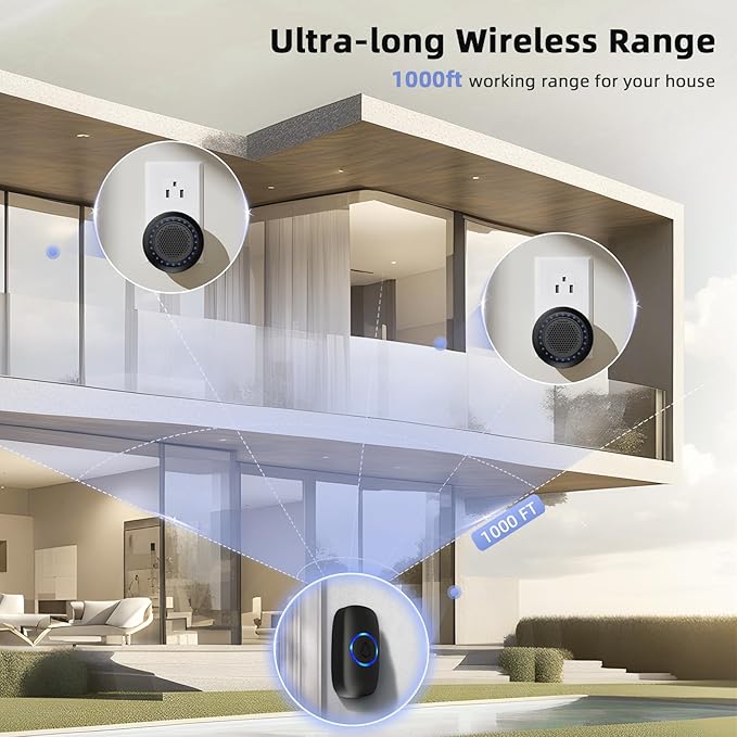 Wireless Door Bells for Homes Doorbell Chime Kits with 1 Transmitter 1 Receiver - Waterproof Operating at 1000ft Range - 48 Ringtones 4 Volume Levels LED Flash - Door Bell for Classroom Black