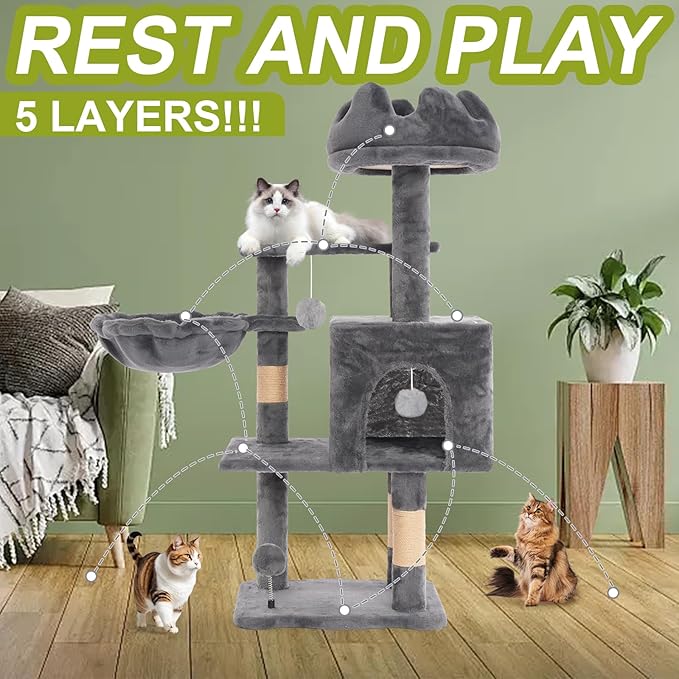 Cat Tree Tower with Metal Frame Hammock, 40'' Cat Trees for Indoor Cats Large Adult, Cat Towers with Scratching Post, Cats Condo Furniture with Cloud Top Perch, Cats Climbing Tower for Kittens(Grey)