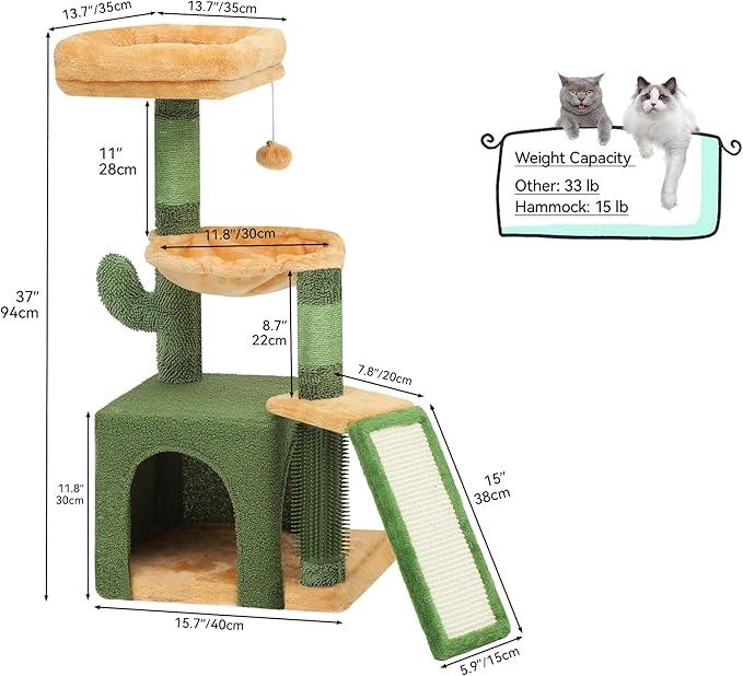 YITAHOME 37in Tall Cactus Cat Tree Tower with Self-Grooming Brush, Cute Cat Climbing Tower for Indoor Cats with Cat Condo, Plush Platform, Hammock, Sisal Scratching Posts, Dangling Ball