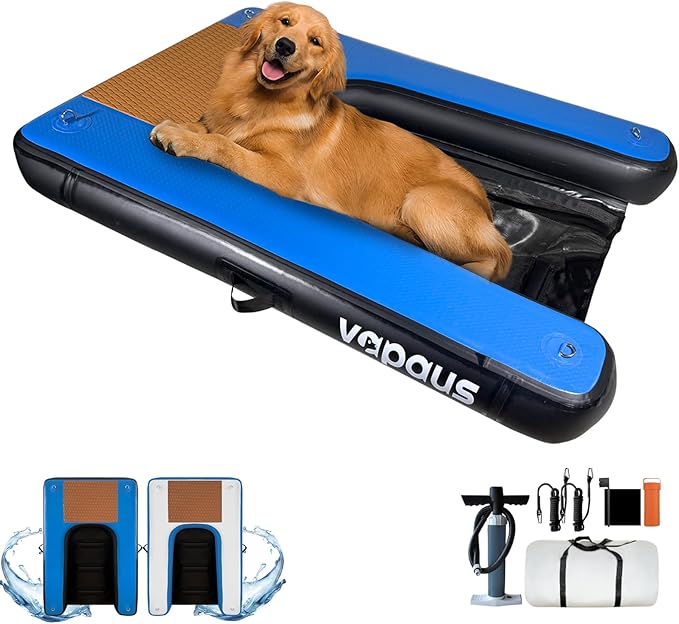 Vapaus Inflatable Dog Boat Ramp Floating Pup Dock Ladder for Water Pool Lake Pontoon Heavy Duty Non-Slip Portable Swim Platform for Swimming Upgraded D-Rings & Accessories for Large Dogs Up to 260lbs
