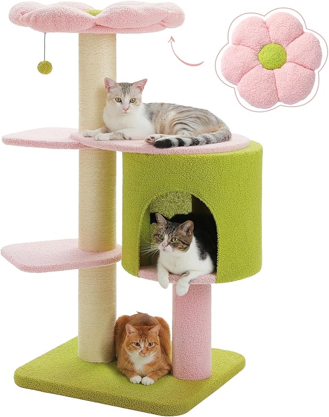 Flower 50-Inch Heavy-Duty Cat Tree for Large Cats - Sturdy Cat Tower with Extra-Thick Scratching Posts (φ4.3), Spacious Condo, 2-Layer Baseboard for Maine Coon & Big Cats up to 16 lbs, Pink