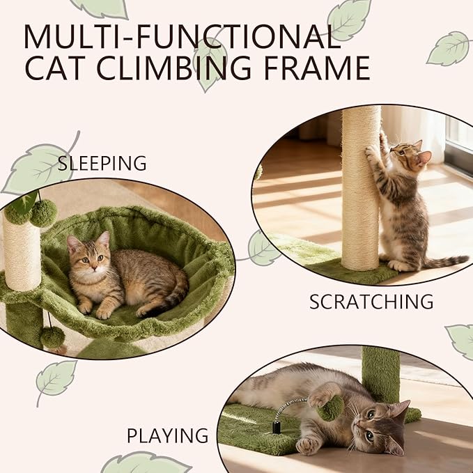 MECOOL Cat Tree for Indoor Cats 35" Tall Cat Scratching Post with Large Cat Hammcok and Hanging Ball Toys Plant Green