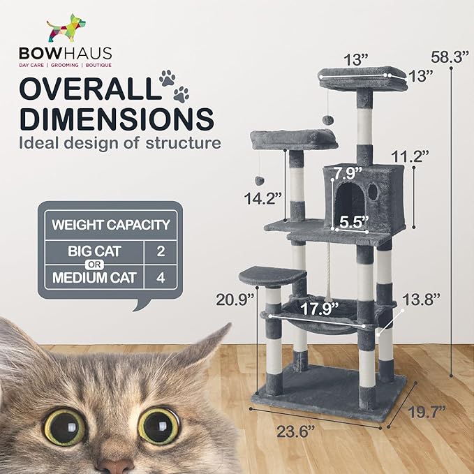Tall Cat Tree for Indoor Large Cats or Kittens, Multi-Level Cat Activity Tree with Scratching Posts, Hammock, Cat Cave Condo, Modern Cute Small Cat Climbing Tower with Widened Perch