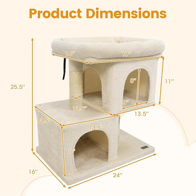 PETSITE 25.5-inch Small Cat Tree, Modern Multi-Level Cat Tower with 2 Comfy Condos, Sisal Scratching Posts, Large Plush Top Perch, and Anti-Tipping Kits, Ideal for Indoor Cats and Kittens (Beige)