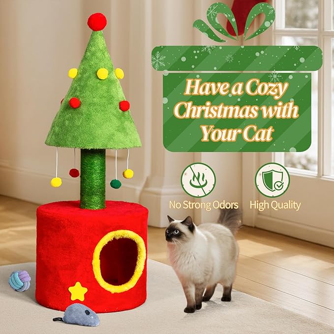 Christmas Cat Tree, 30in Cats Scratching Post with Cat House for Indoor Kitten, Cats Tree Tower with Sisal Post and Cute Hanging Balls, for Indoor Bedroom Living Room