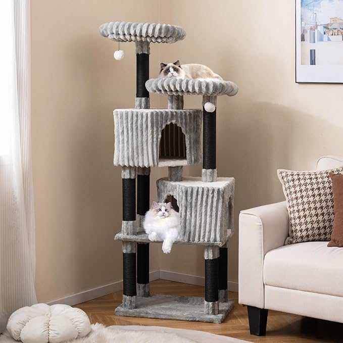 Tangkula Carpet Cat Tree, 62 Inch Tall Cat Tower with Scratching Posts, 2 Condos, 2 Perch Beds, Dangling Jingle Balls, Soft Flannel Covering, Unique Cat Tree for Indoor Cats