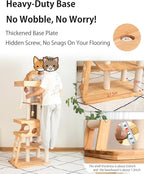 Wood Cat Tree for Large Cat, 62-Inch Tall Cat Tower with Scratching Post for Indoor Cats, Multi-Level Cat Condo with Hand-Woven Cat Bed and Acrylic Bowl Easy to Clean