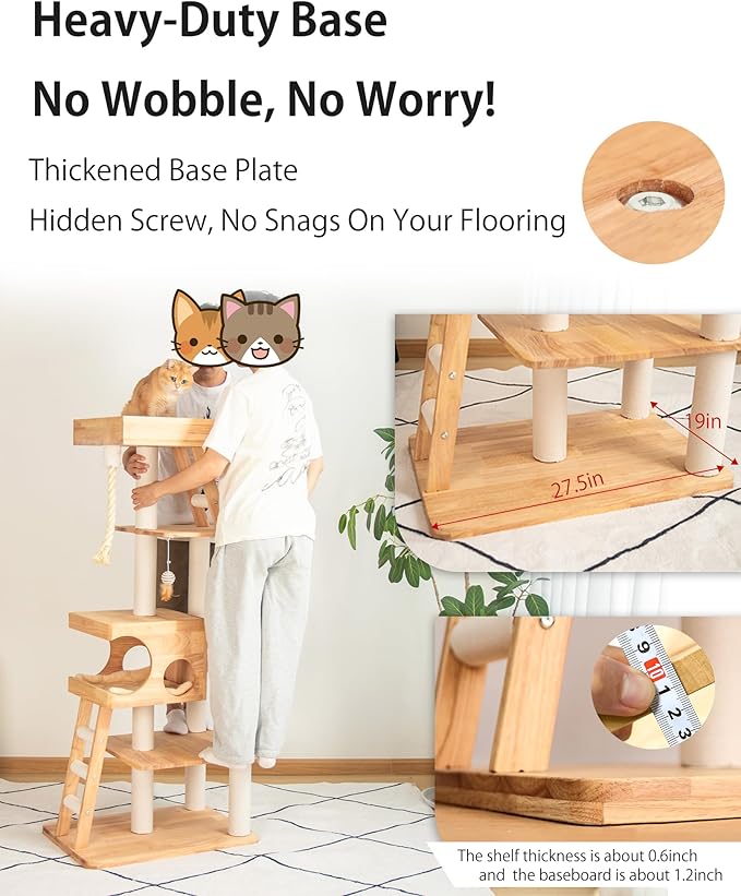 Wood Cat Tree for Large Cat, 62-Inch Tall Cat Tower with Scratching Post for Indoor Cats, Multi-Level Cat Condo with Hand-Woven Cat Bed and Acrylic Bowl Easy to Clean