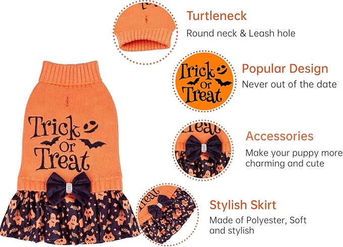 CuteBone Halloween Dog Sweater Dress Trick or Treat Knit Turtleneck Puppy Sweater with Bowtie Leash Hole Pullover Winter Dress for Small Dogs