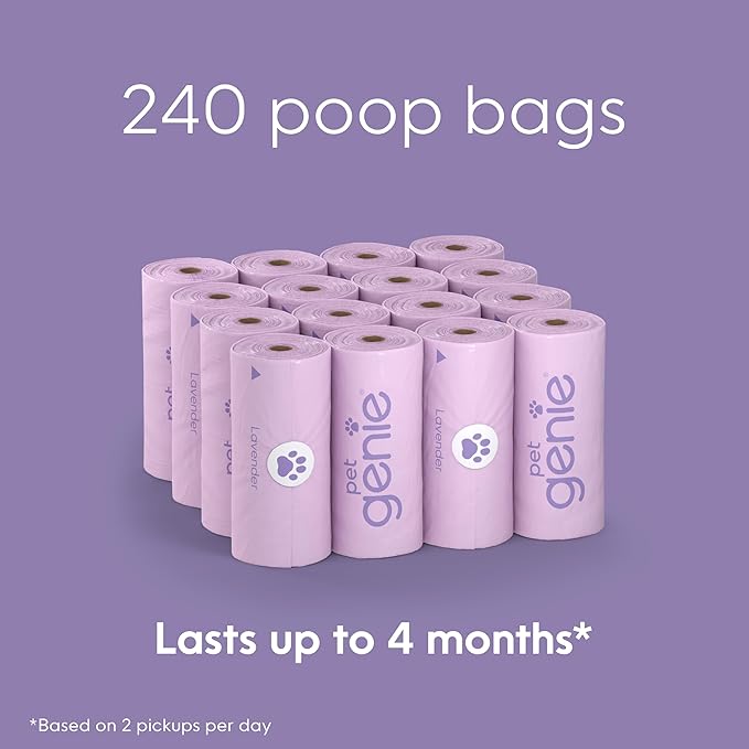 Pet Genie, Dog Poop Bags Rolls Scented, Extra Strong & Leak-Proof for Dogs, Lavender Scented, Easy Tear Pet Waste Bags, Made from 65% Recycled Plastic, 16 Rolls (240 Count)