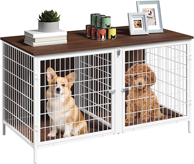 Dog Crate Furniture for 2 Dogs, 43.3" Dog Kennel with Removable Divider, Heavy Sturdy Dog Furniture Style Double Cage for Small Medium Dogs, Indoor Pet House End Table, White and Walnut
