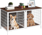 Dog Crate Furniture for 2 Dogs, 43.3" Dog Kennel with Removable Divider, Heavy Sturdy Dog Furniture Style Double Cage for Small Medium Dogs, Indoor Pet House End Table, White and Walnut