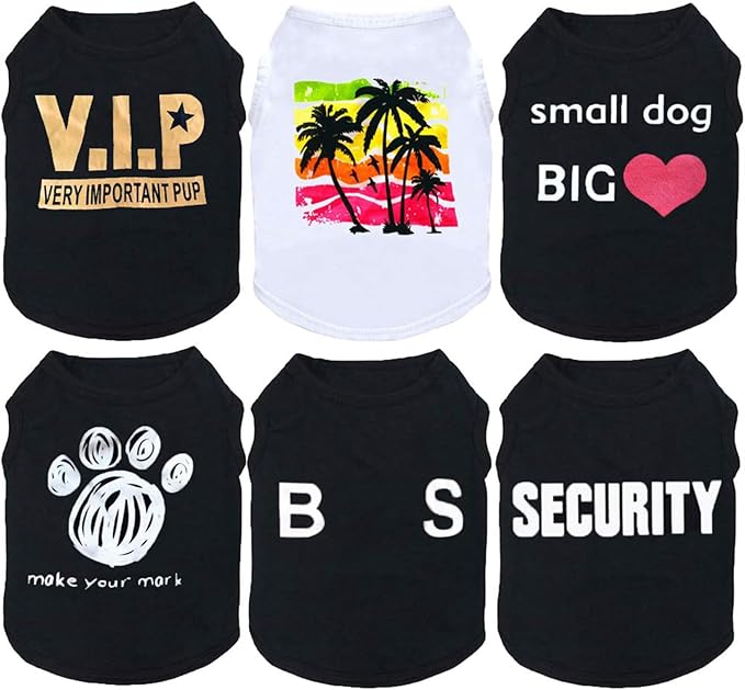 6 Pack Dog Clothes for Small Dogs Boy and Girl, Soft and Breathable Puppy Kitten Dog Shirts with Letters for Pet Dogs Cats, Black Dog T-Shirts Apparel Sleeveless Vests for Chihuahua Yorkies