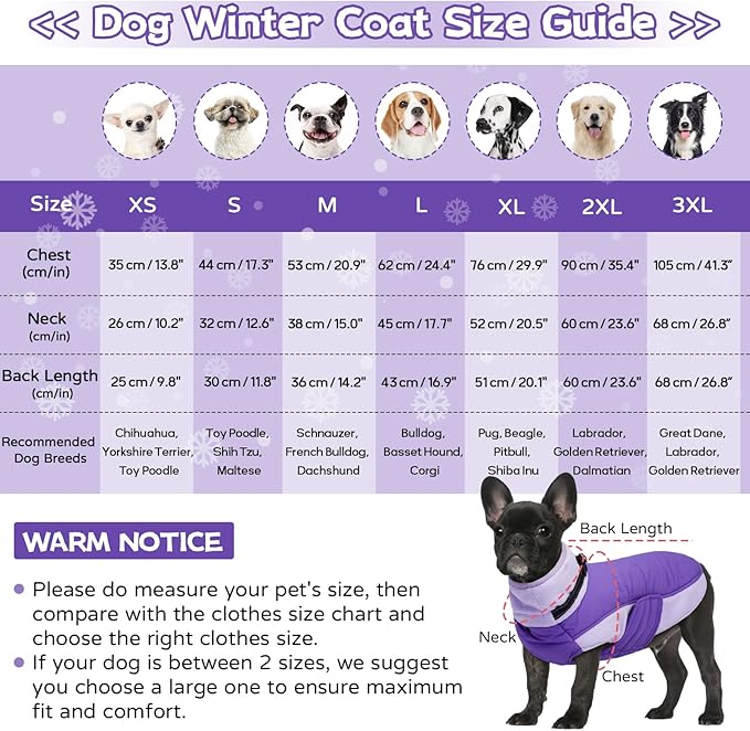 BRKURLEG Dog Coat, Turtleneck Winter Jacket with Harness for Small Medium and Large Dogs, Windproof Reflective Warm Fleece Dogs Snowsuit with Hook & Loop, Dog Coats for Cold Weather, Purple L