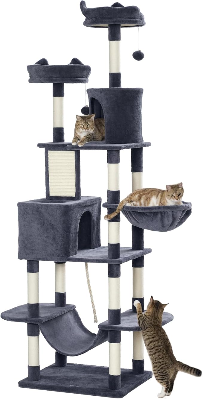 PawHut Cat Tree, 81" Cat Tower for Large Adults Indoor Cats with Cat Scratching Posts, Scratching Board, Cat Condos, Cat Beds, Hammocks, Multi-Level Platforms, Toy Balls & Rope Cat Toy, Dark Gray